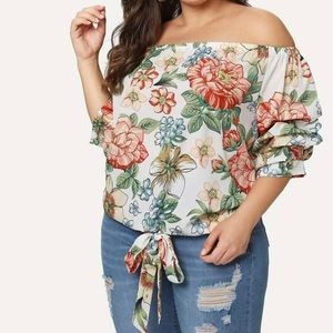 Off the shoulder Floral Print Knot Top 3XL